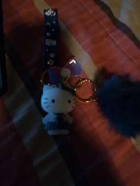 Hello Kitty Navy and Pink Wrist Keychain with Pom Pom